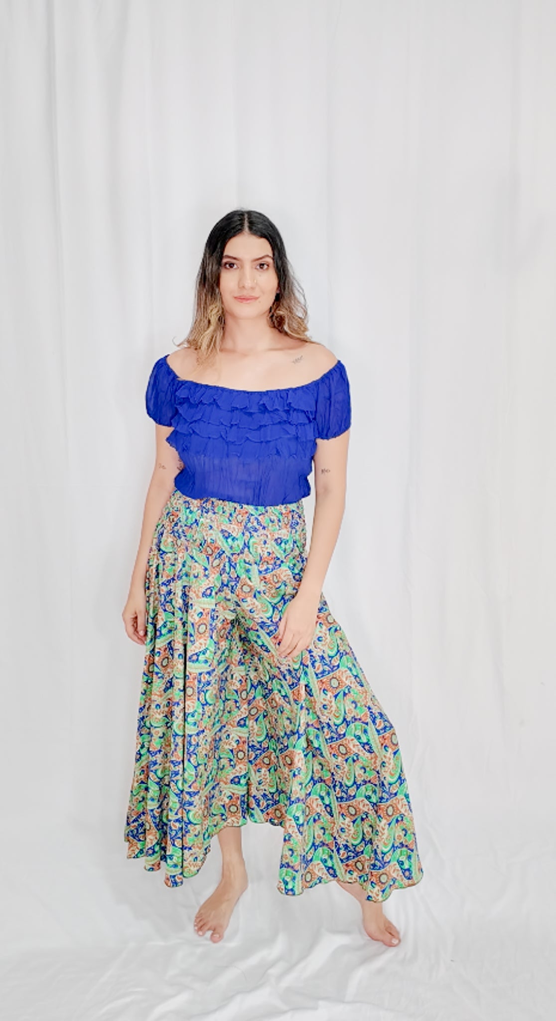 Pantalón Falda Seda Azul/Verde/Naranja