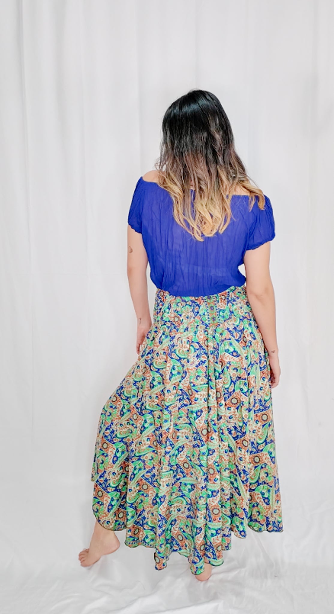 Pantalón Falda Seda Azul/Verde/Naranja