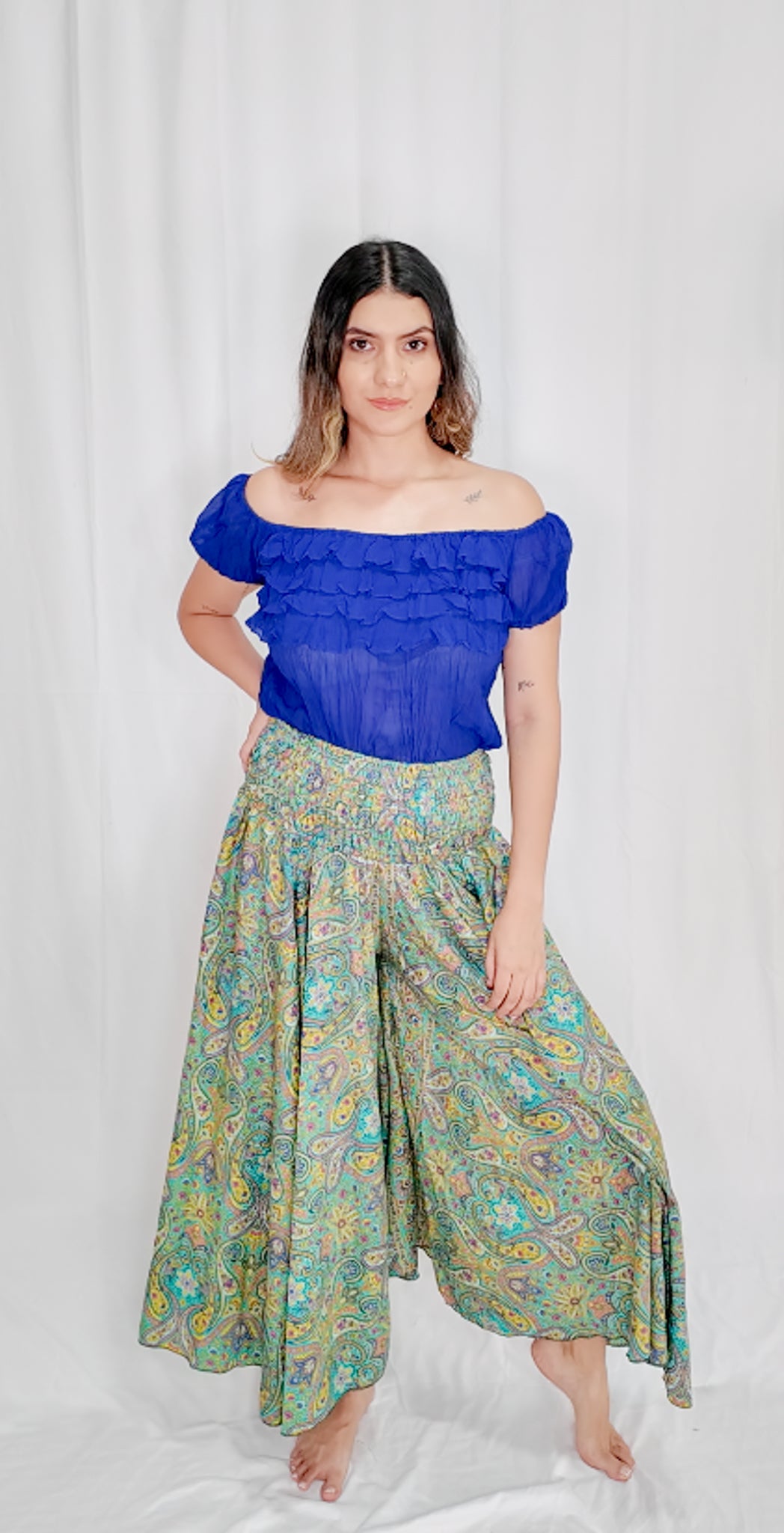 Pantalón Falda Seda Verde Pastel/Amarillo