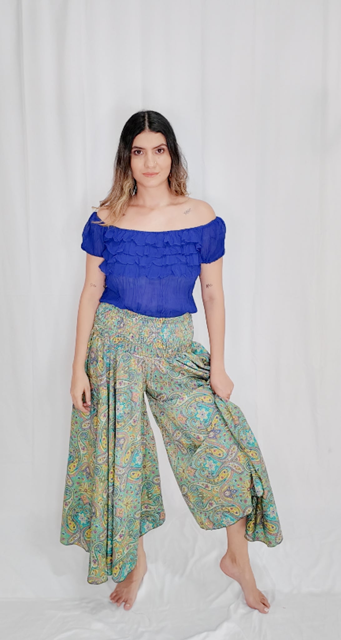 Pantalón Falda Seda Verde Pastel/Amarillo