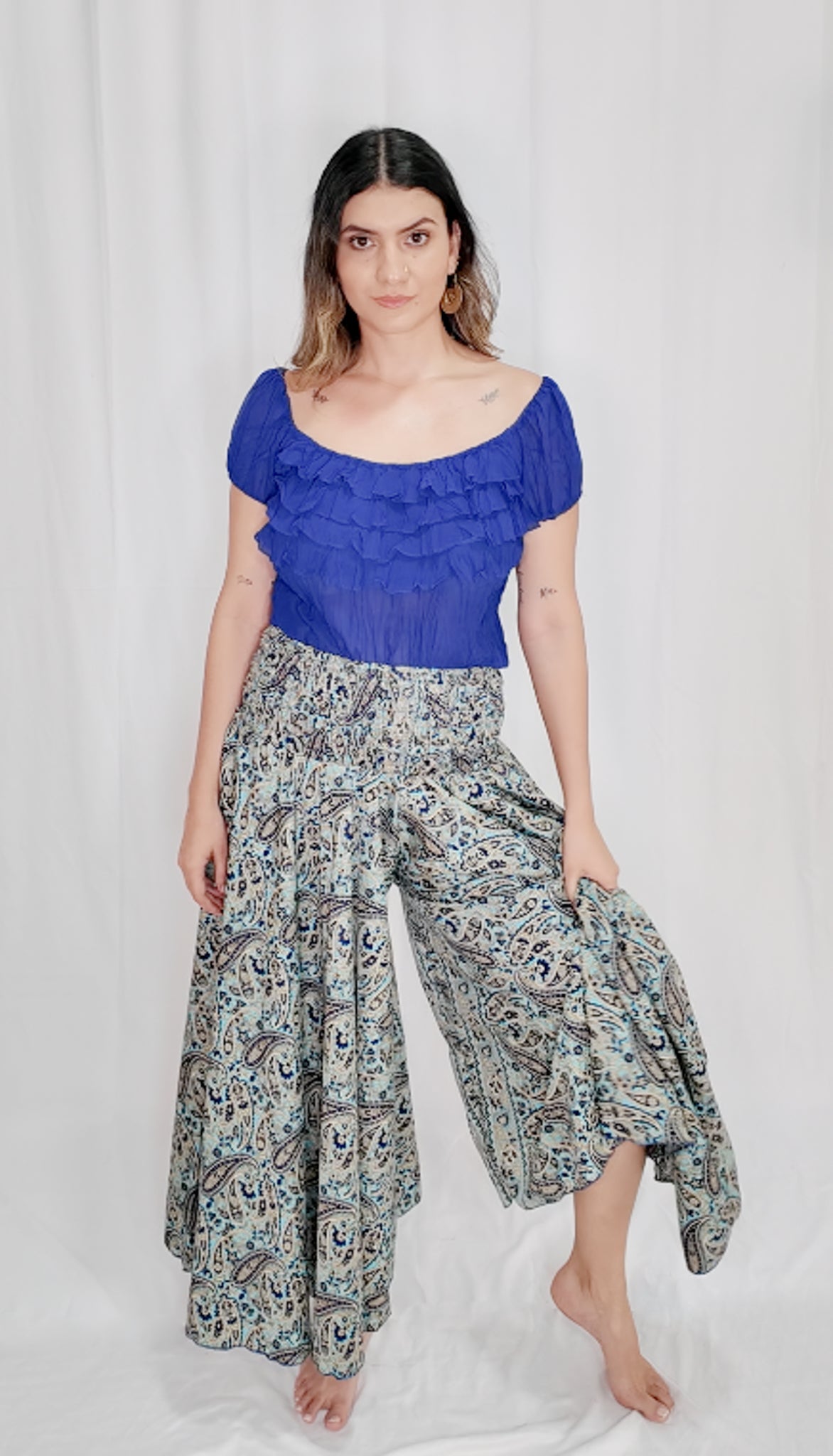 Pantalón Falda Seda Azul Aguamarina/Azul