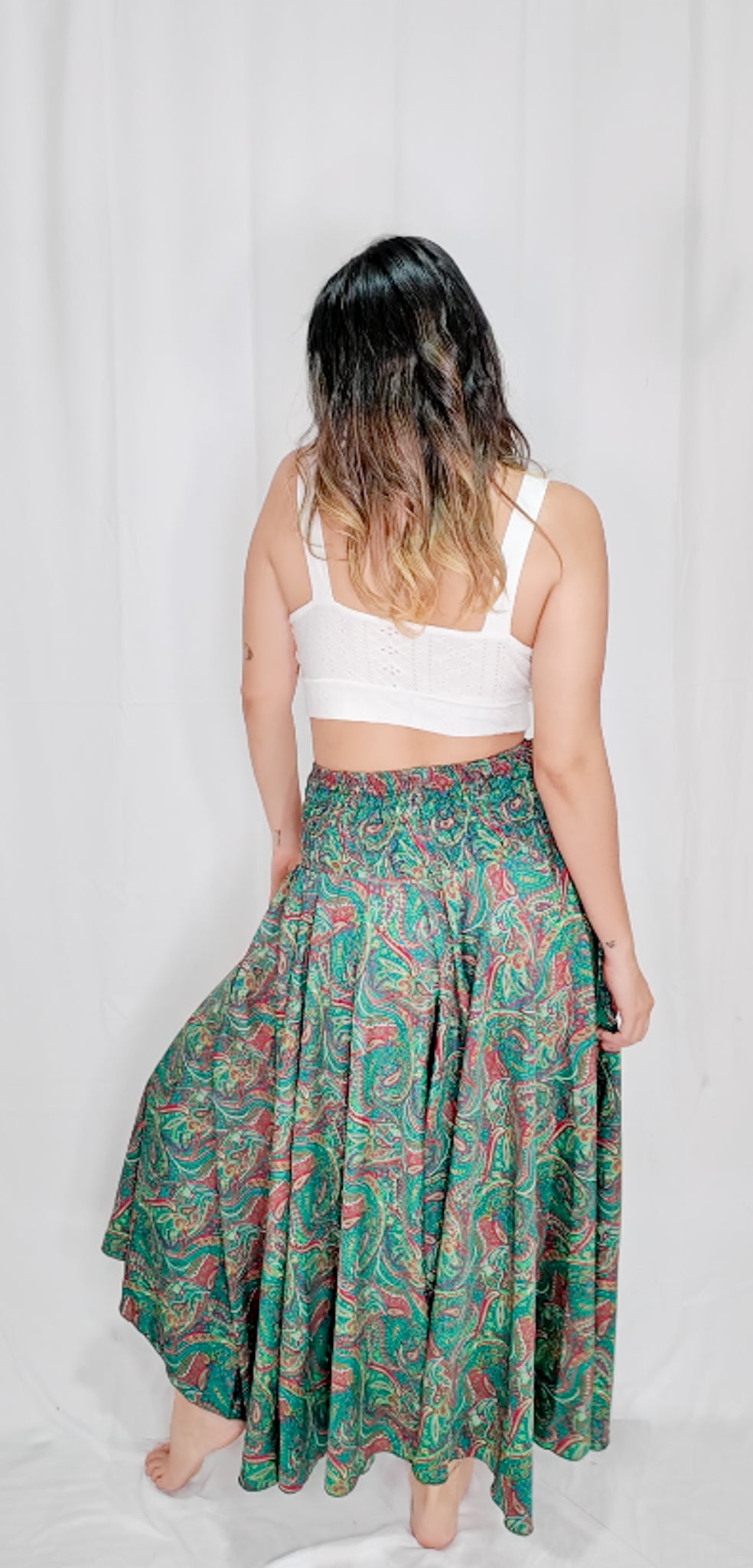 Pantalón Falda Seda Verde Turquesa/Fucsia