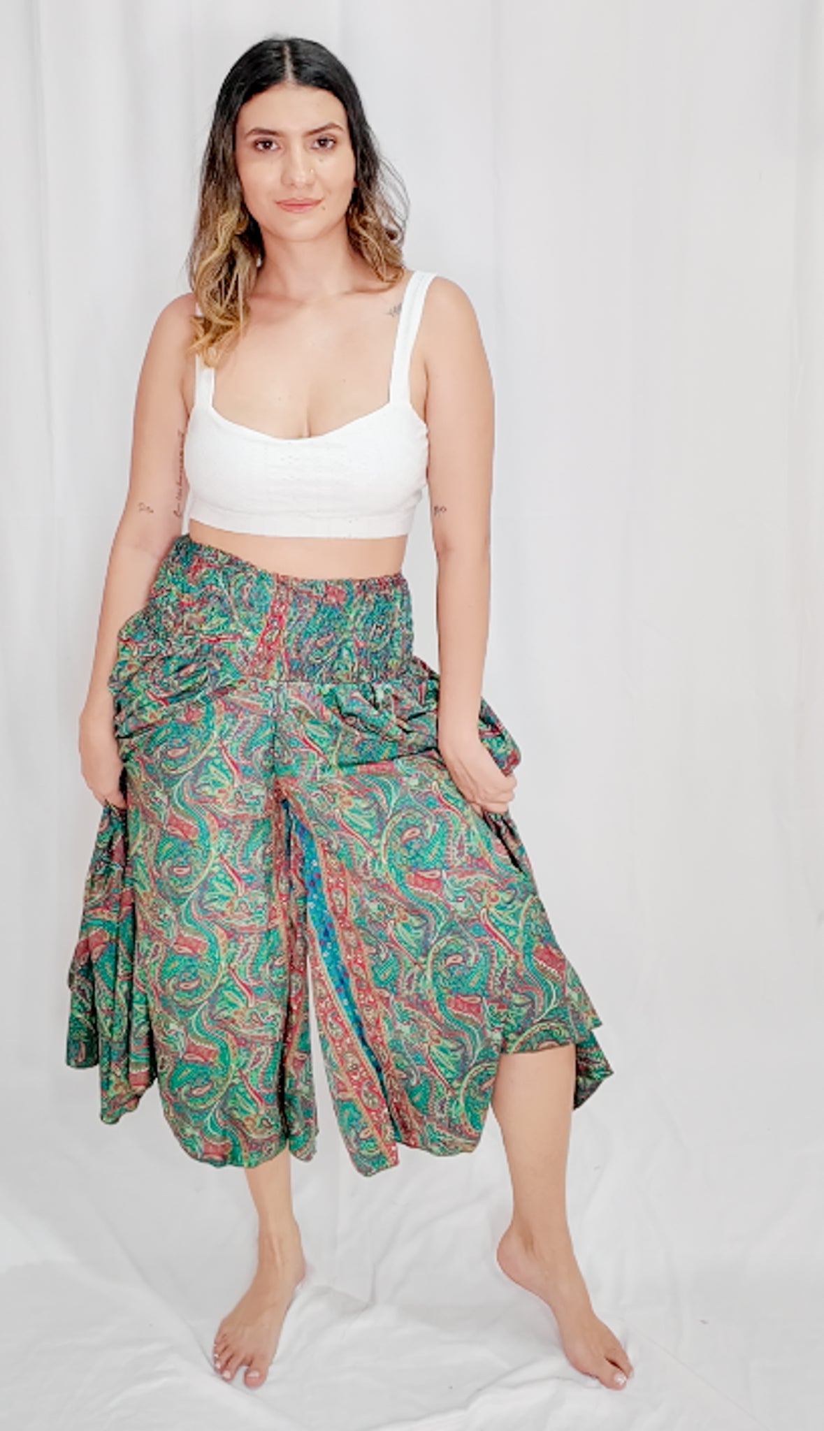 Pantalón Falda Seda Verde Turquesa/Fucsia
