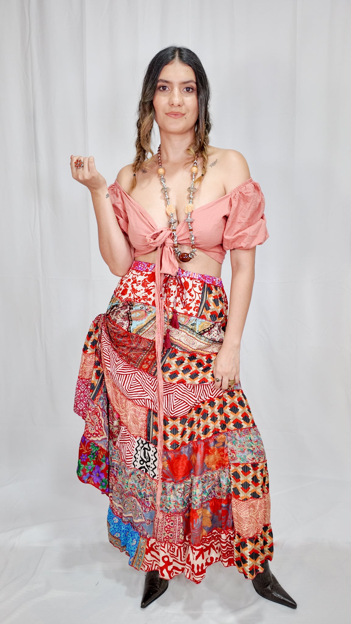 Falda Seda Retazos Tonos Rojos 10