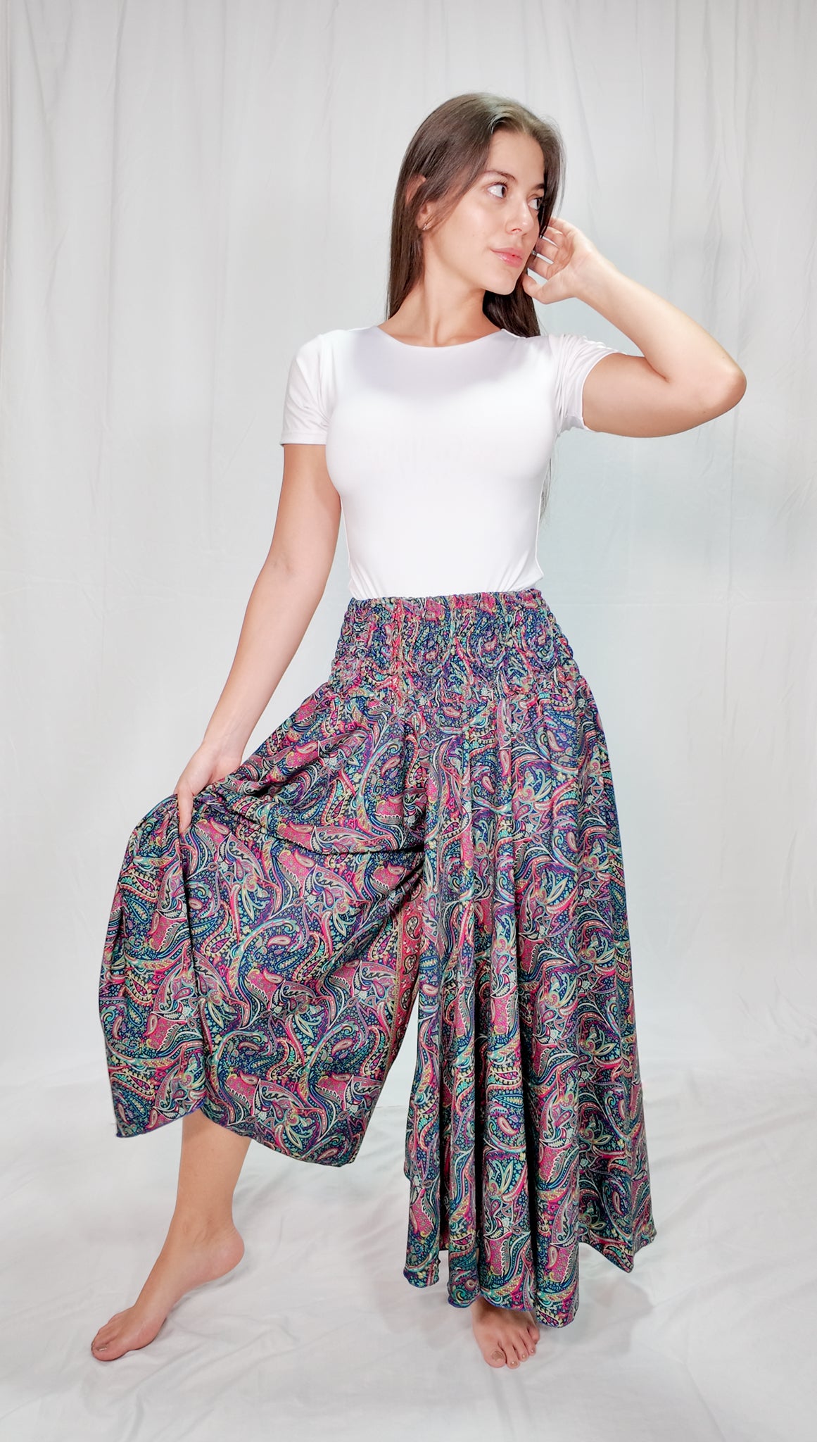 Pantalón Falda Seda Azul O/Fucsia/Verde