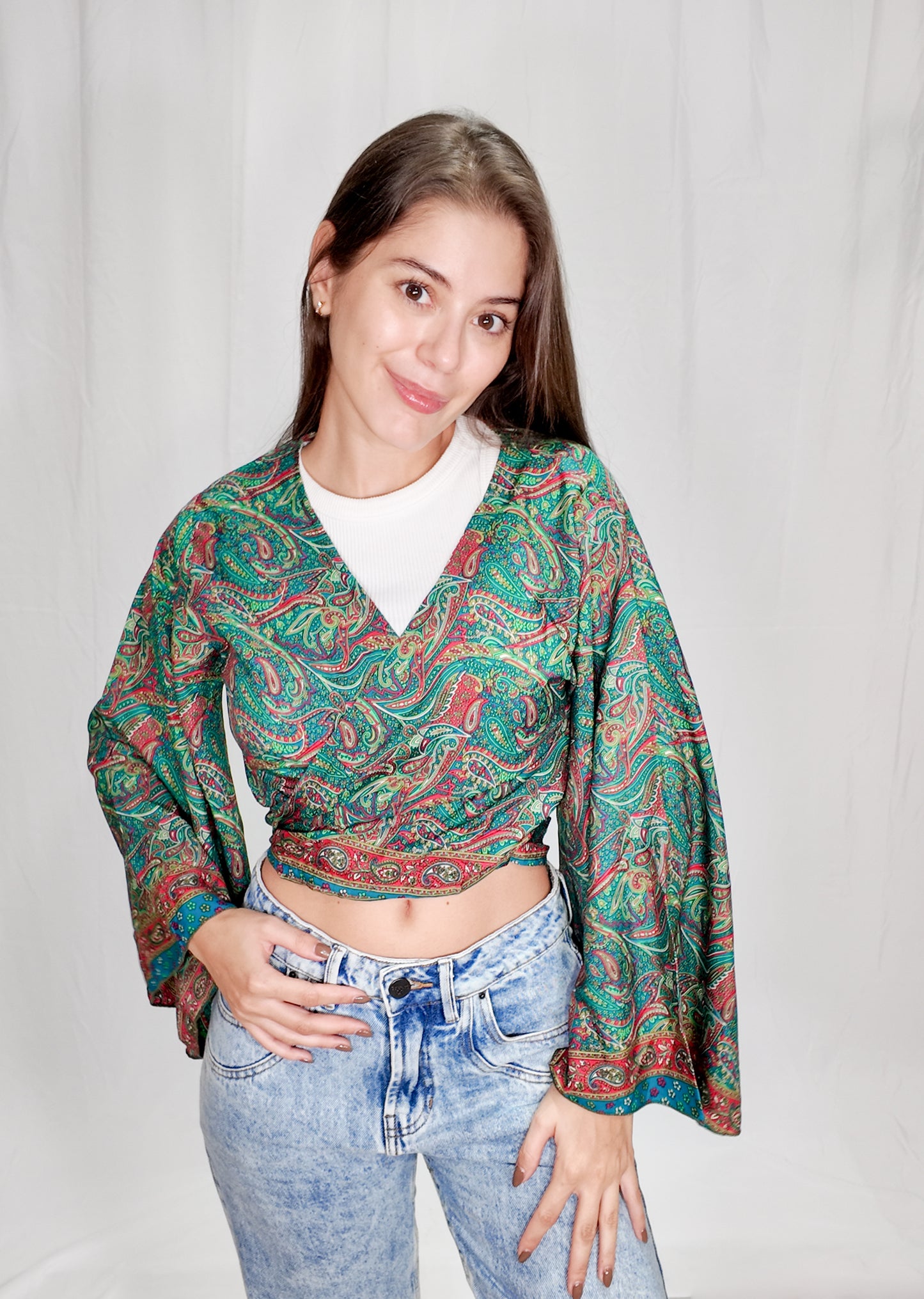 Blusas en seda Wrap Top Verde Esmeralda