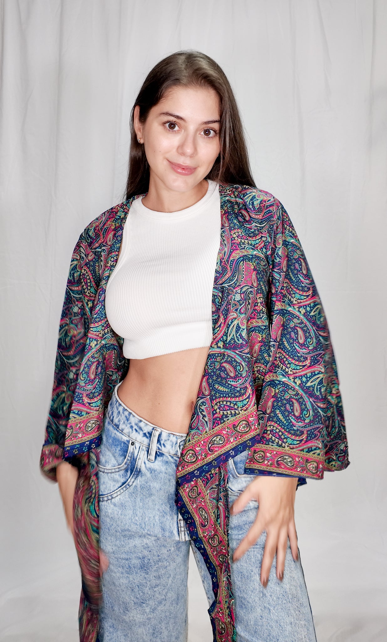 Blusas en seda Wrap Top Azul Oscuro/Fucsia