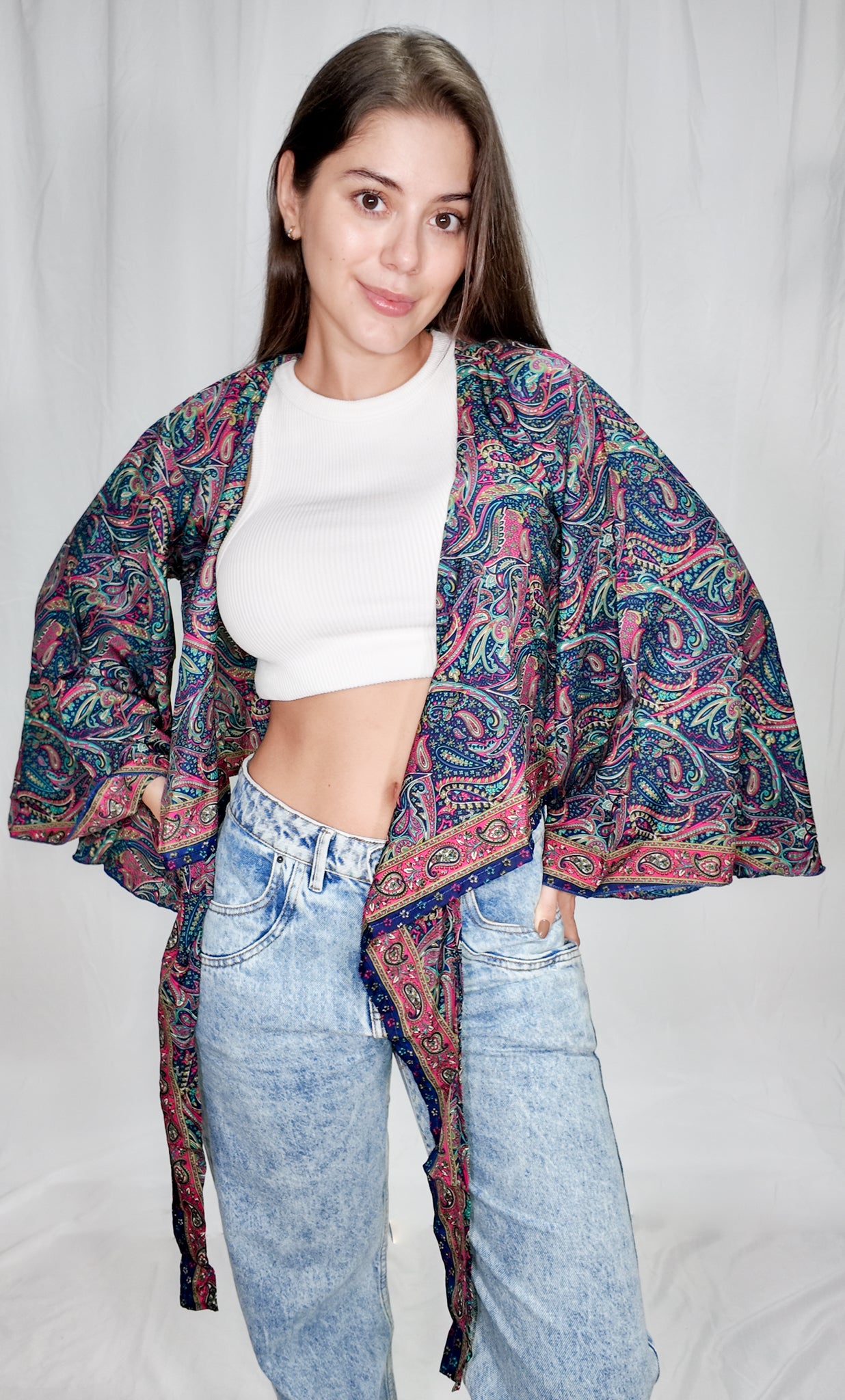 Blusas en seda Wrap Top Azul Oscuro/Fucsia