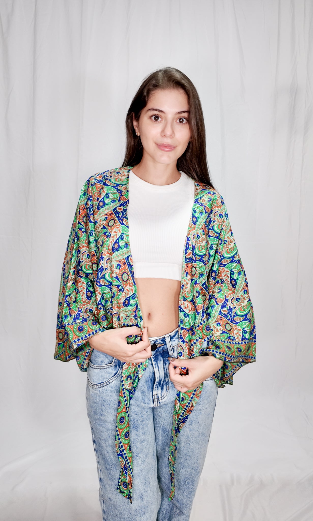 Blusas en seda Wrap Top Verde/Azul