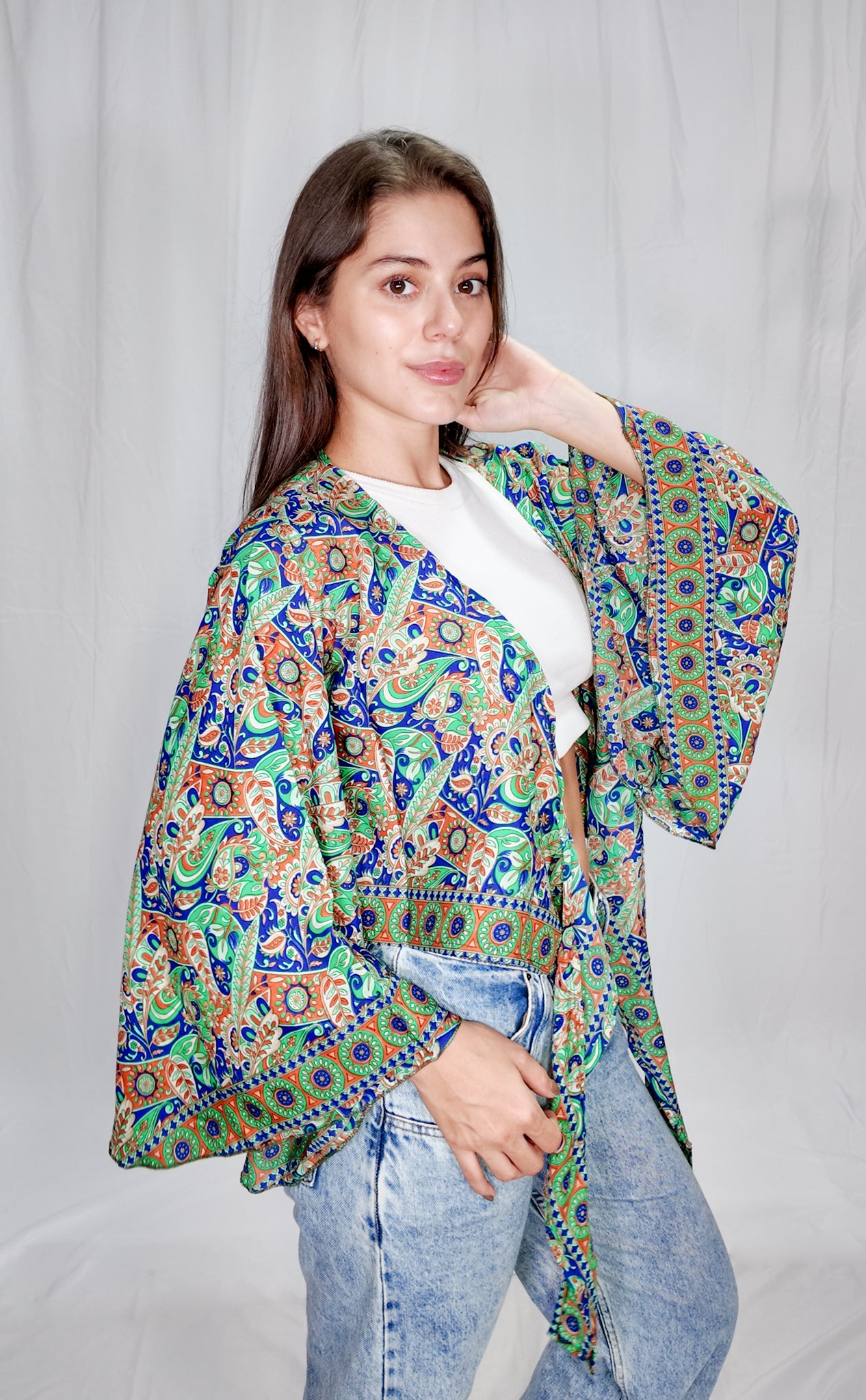 Blusas en seda Wrap Top Verde/Azul