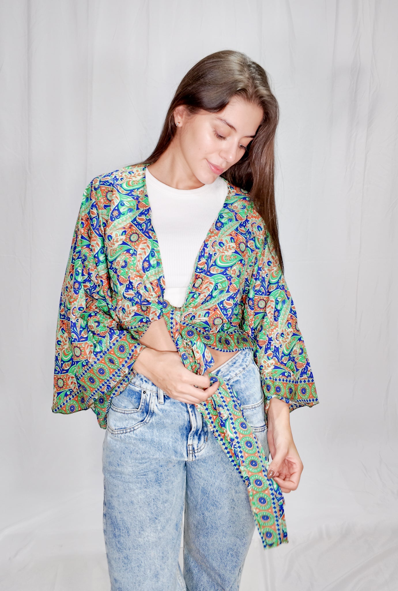 Blusas en seda Wrap Top Verde/Azul