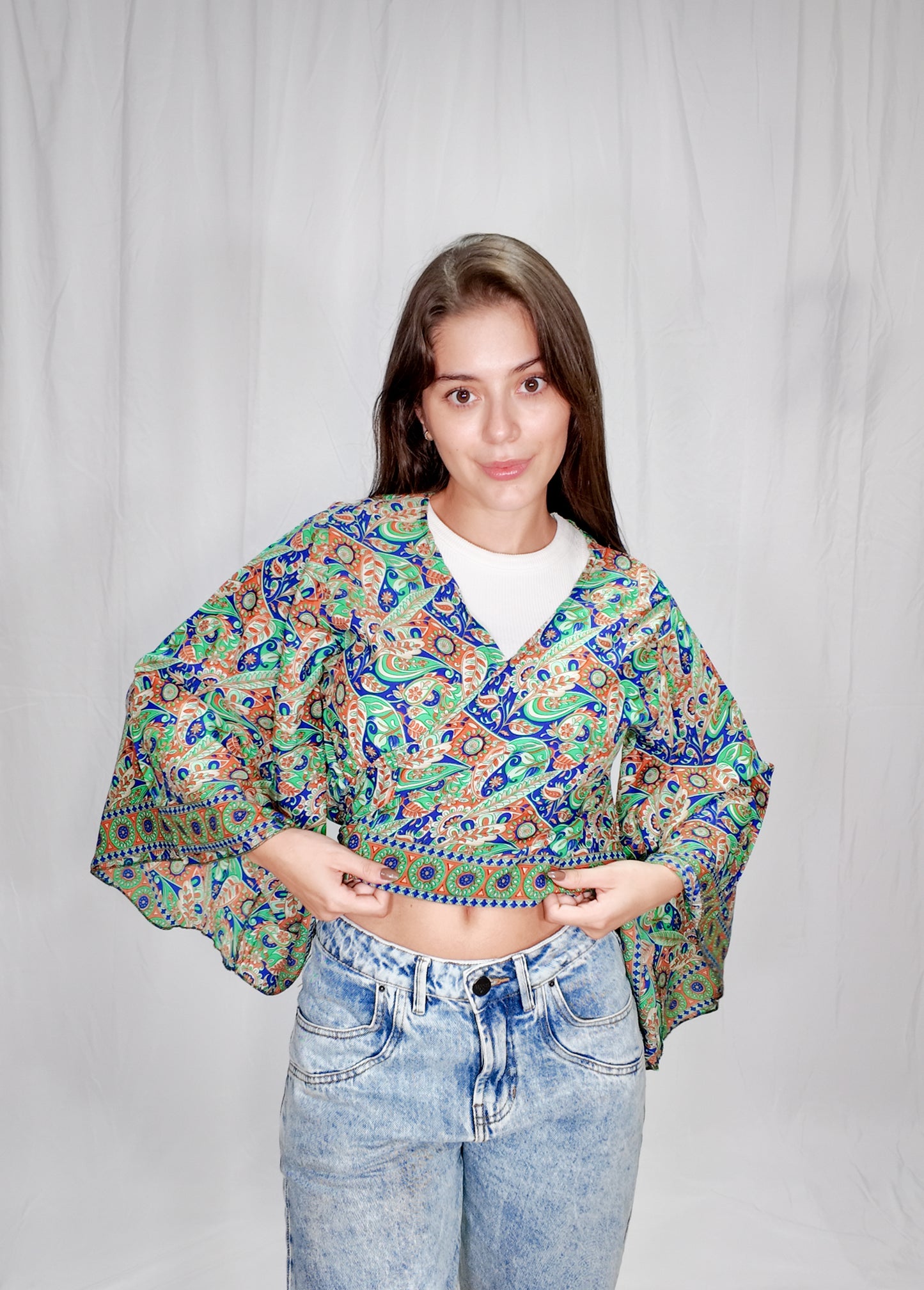 Blusas en seda Wrap Top Verde/Azul