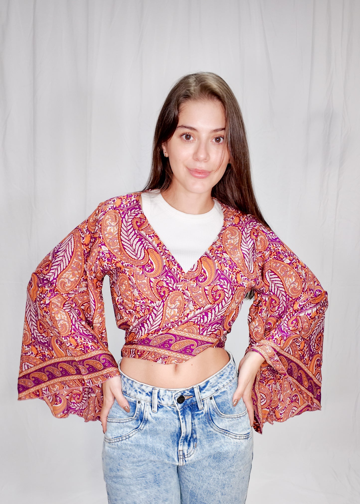 Blusas en seda Wrap Top Naranja/Morado