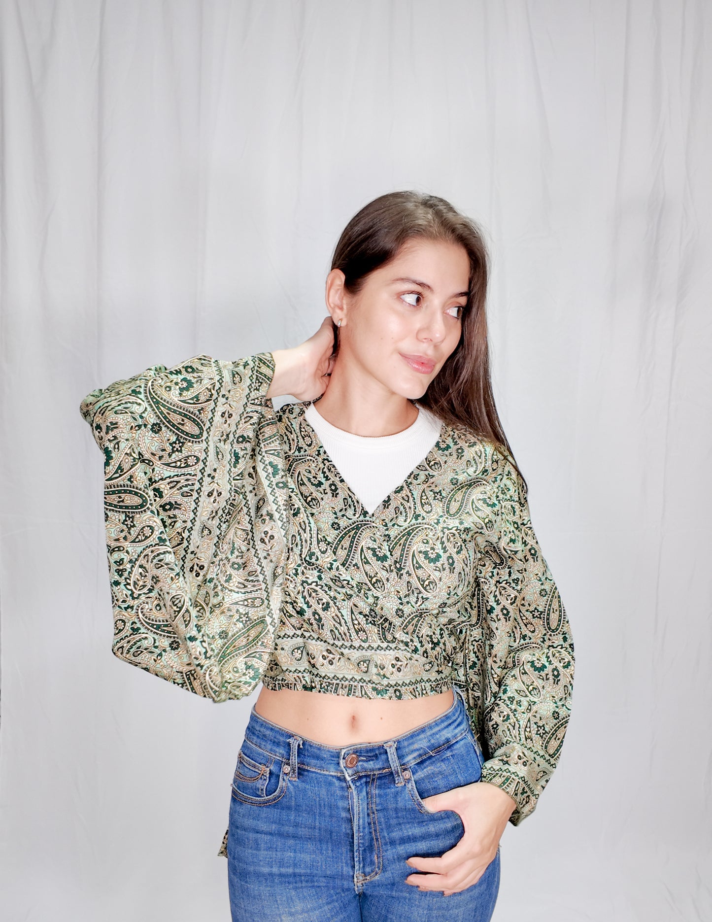 Blusas en seda Wrap Top Verde Oscuro/Menta