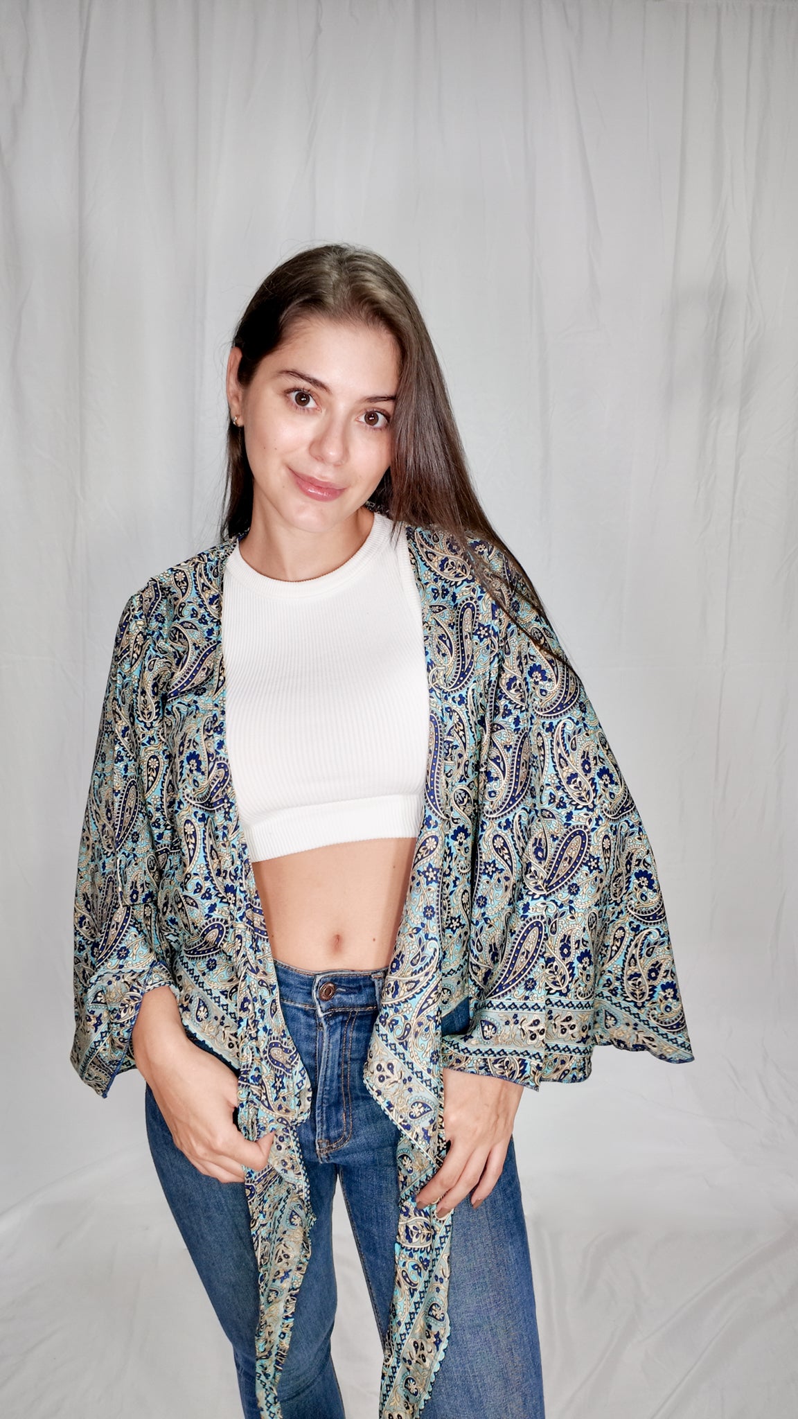 Blusas en seda Wrap Top Azul Turquesa/Azul Oscuro
