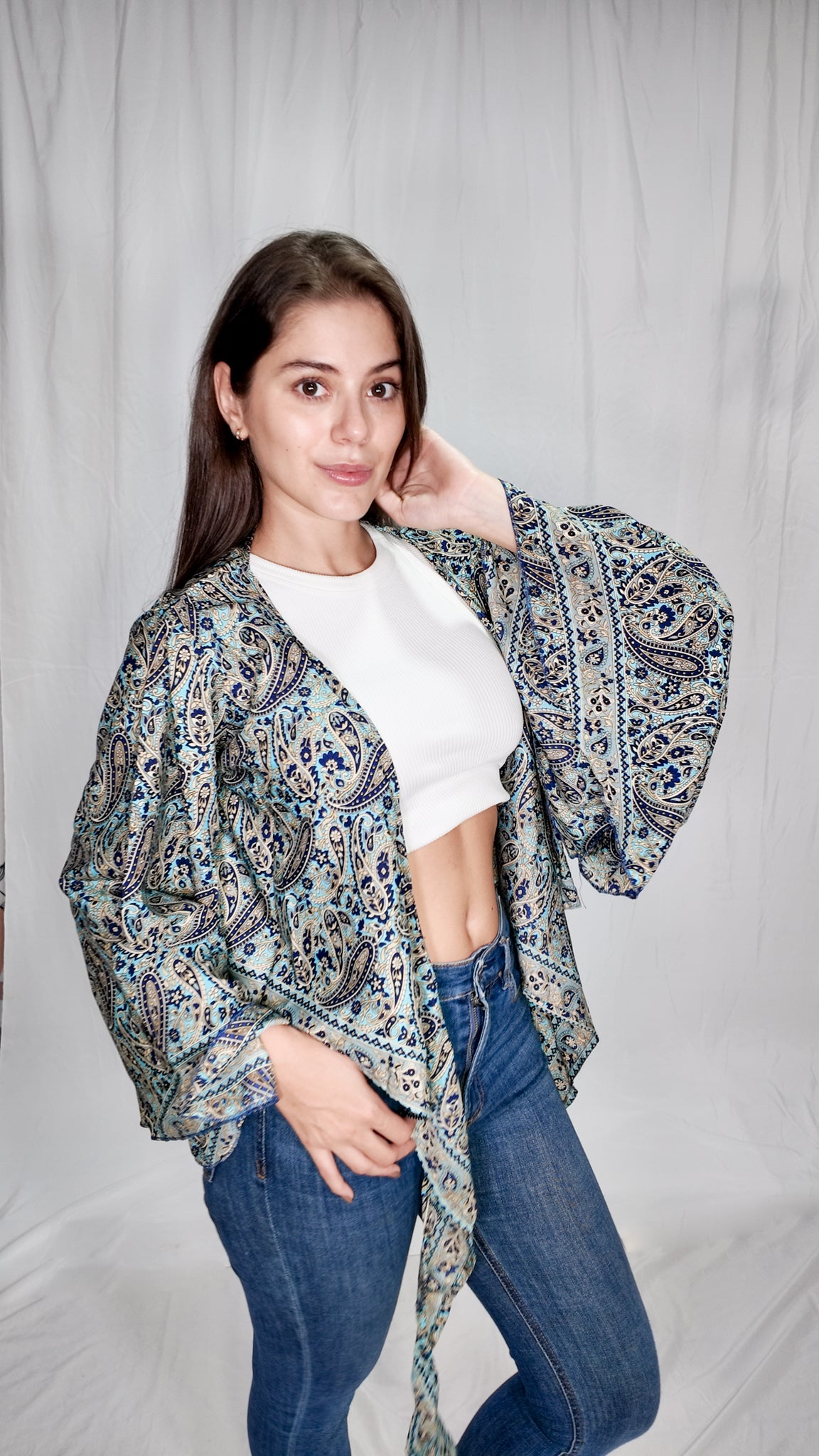 Blusas en seda Wrap Top Azul Turquesa/Azul Oscuro