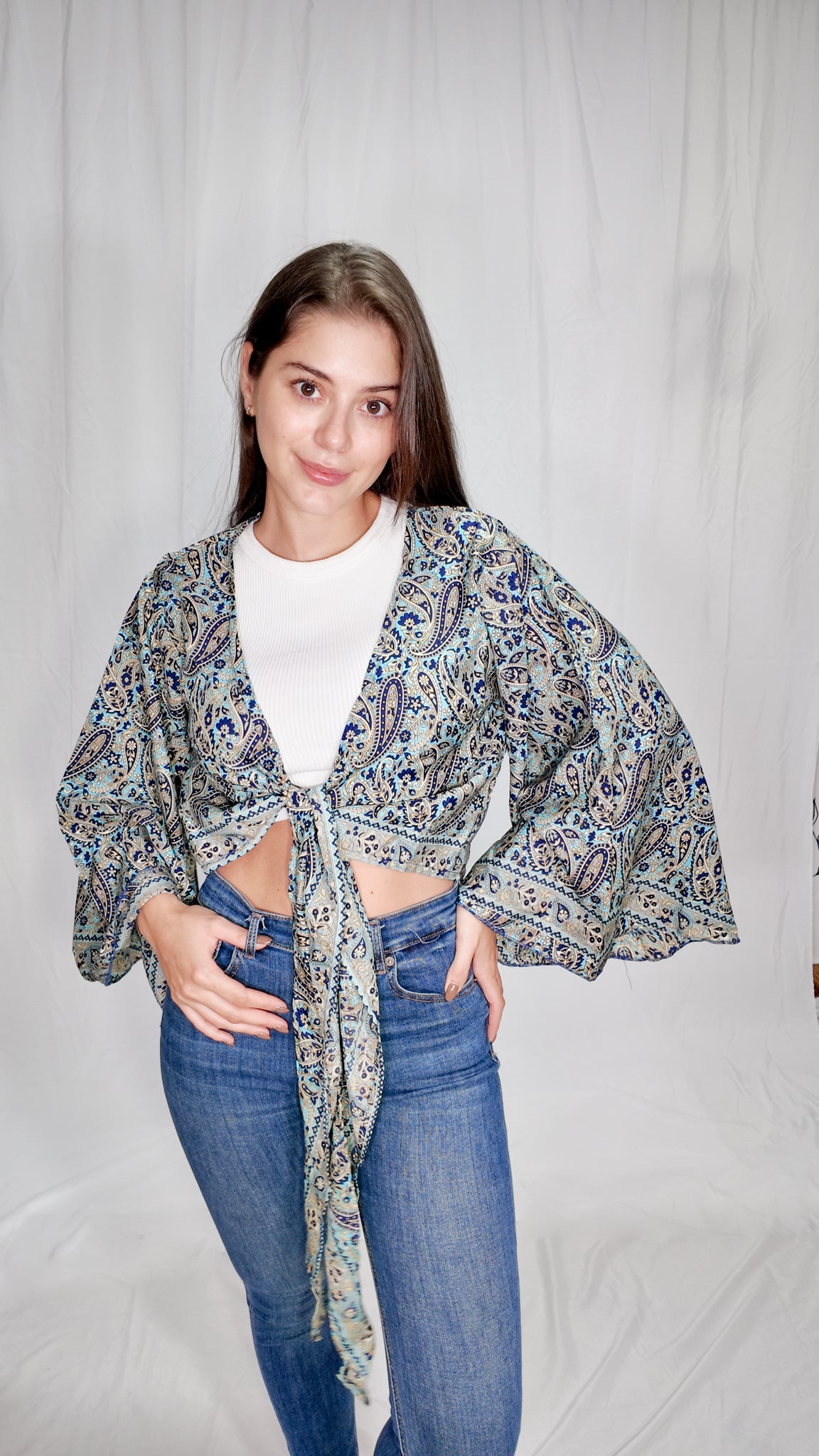 Blusas en seda Wrap Top Azul Turquesa/Azul Oscuro