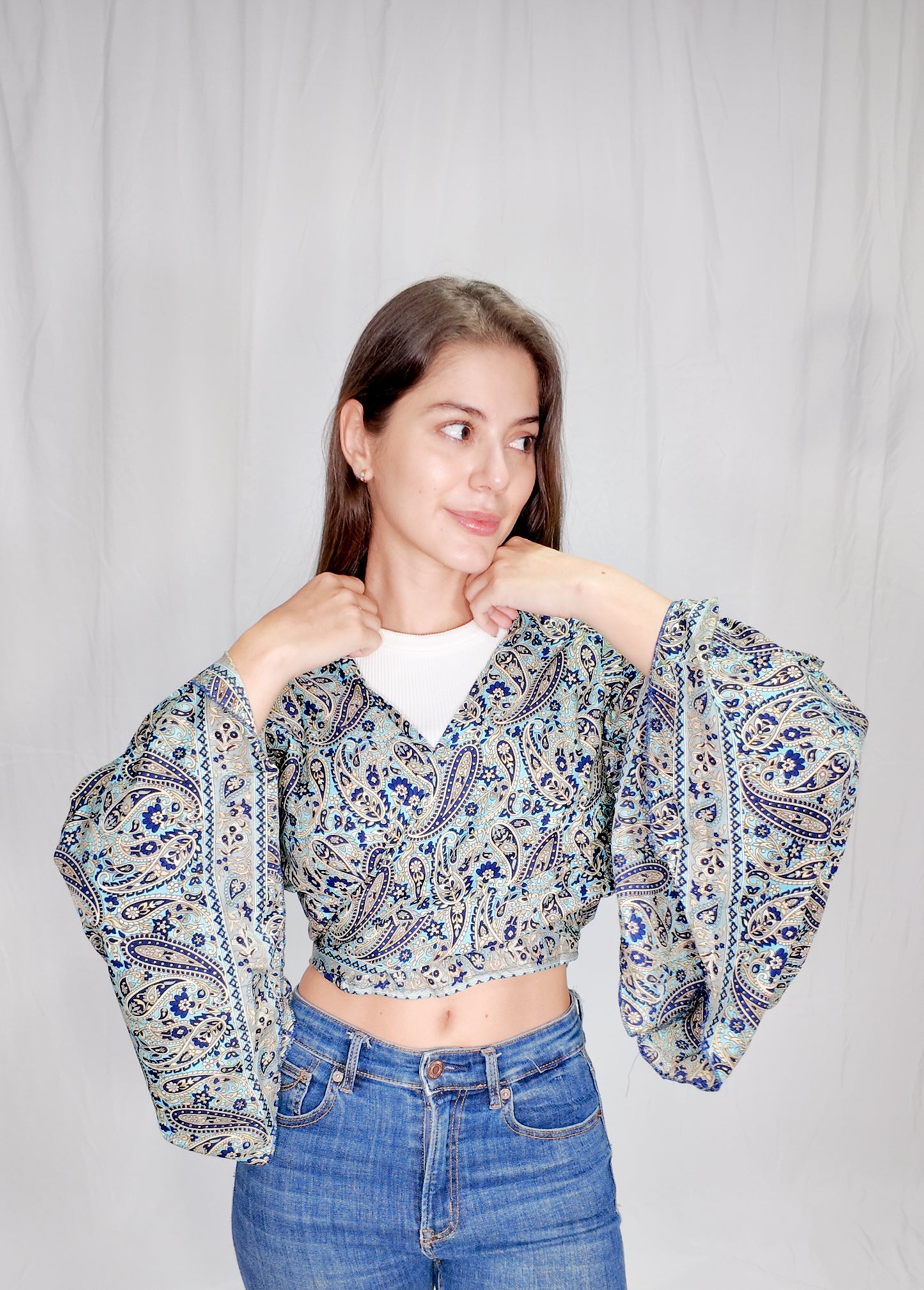Blusas en seda Wrap Top Azul Turquesa/Azul Oscuro