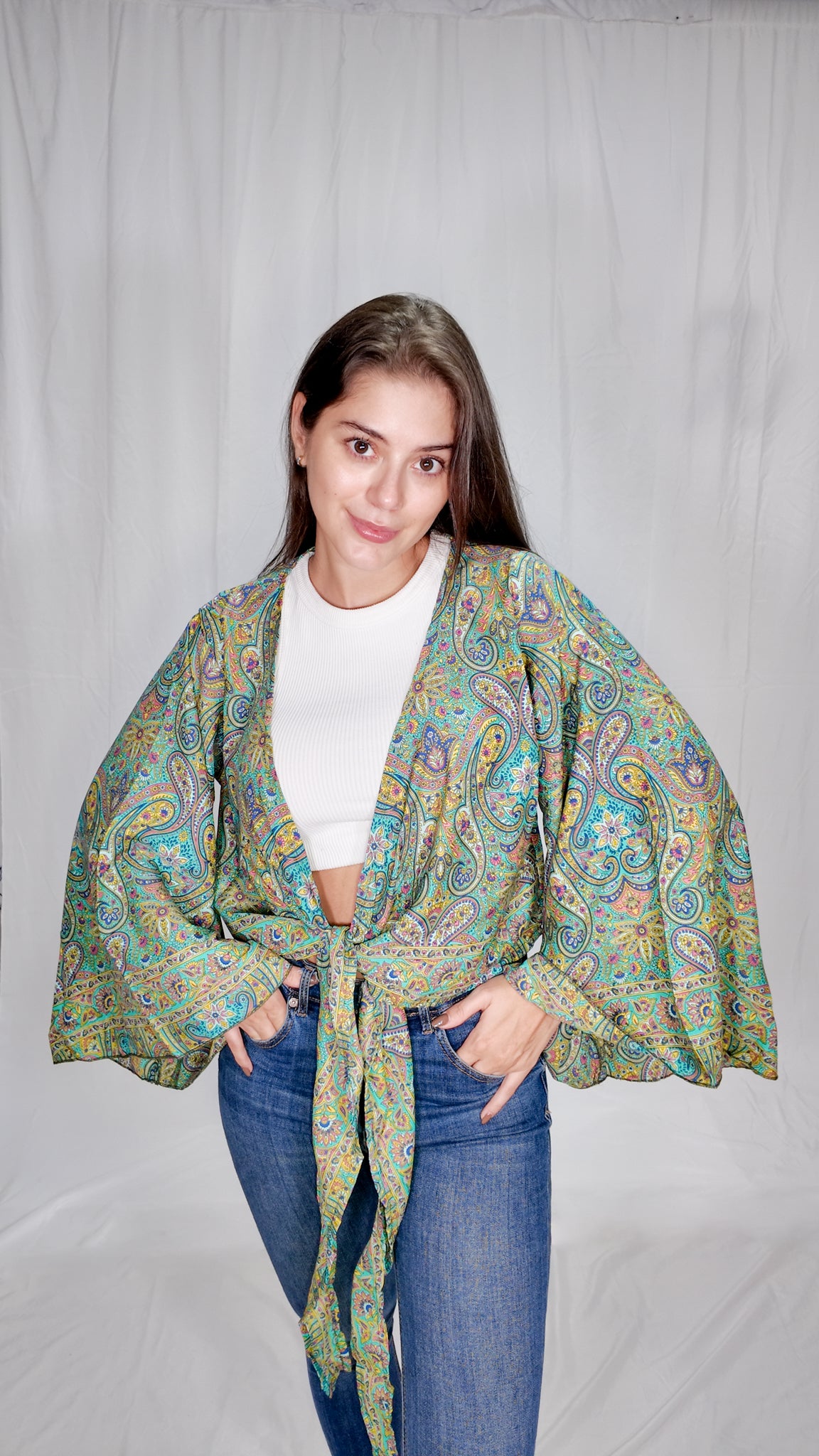 Blusas en seda Wrap Top Verde/Amarillo