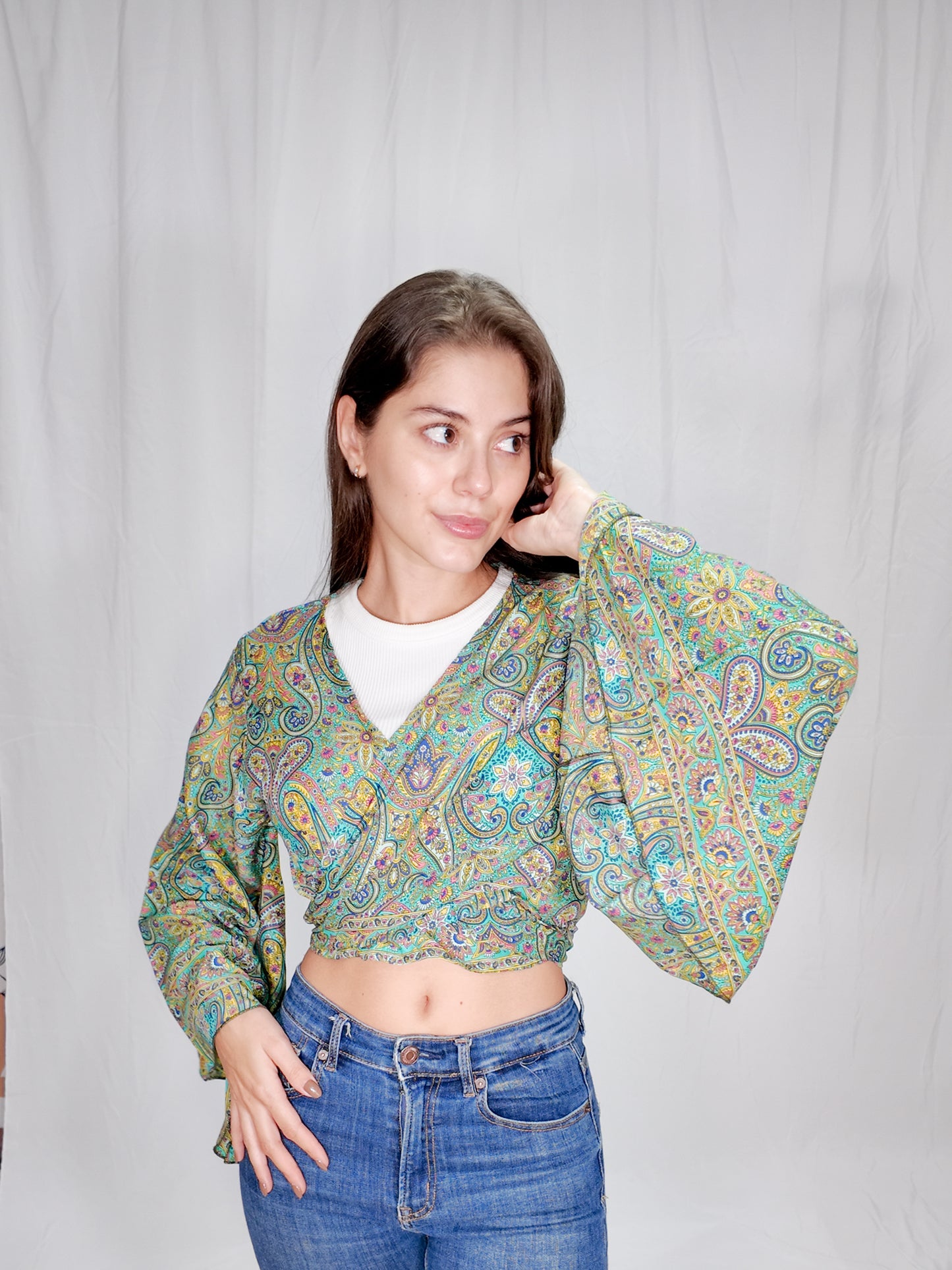 Blusas en seda Wrap Top Verde/Amarillo