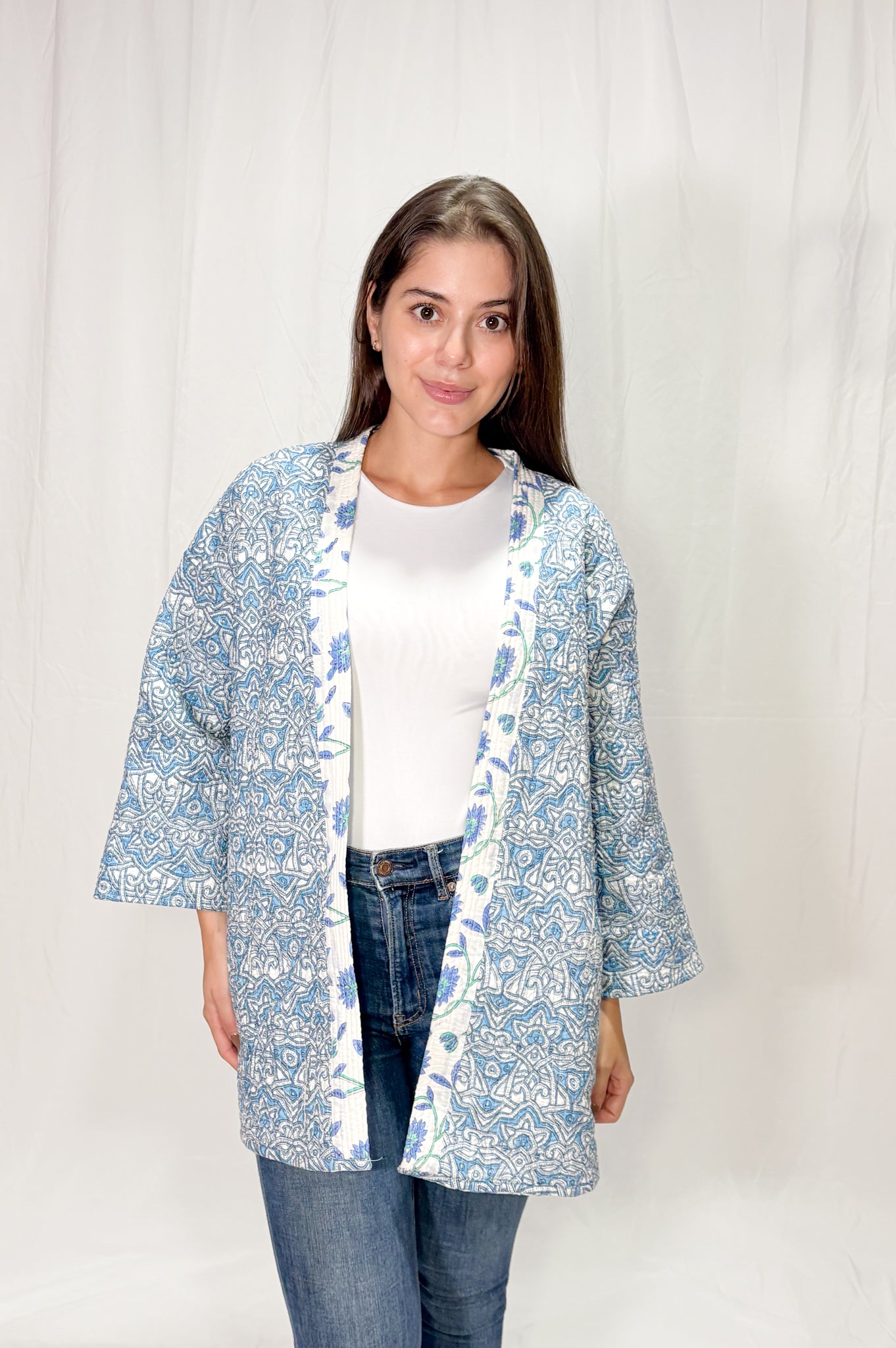 Chaqueta Oversize Algodón Block Printed Azules