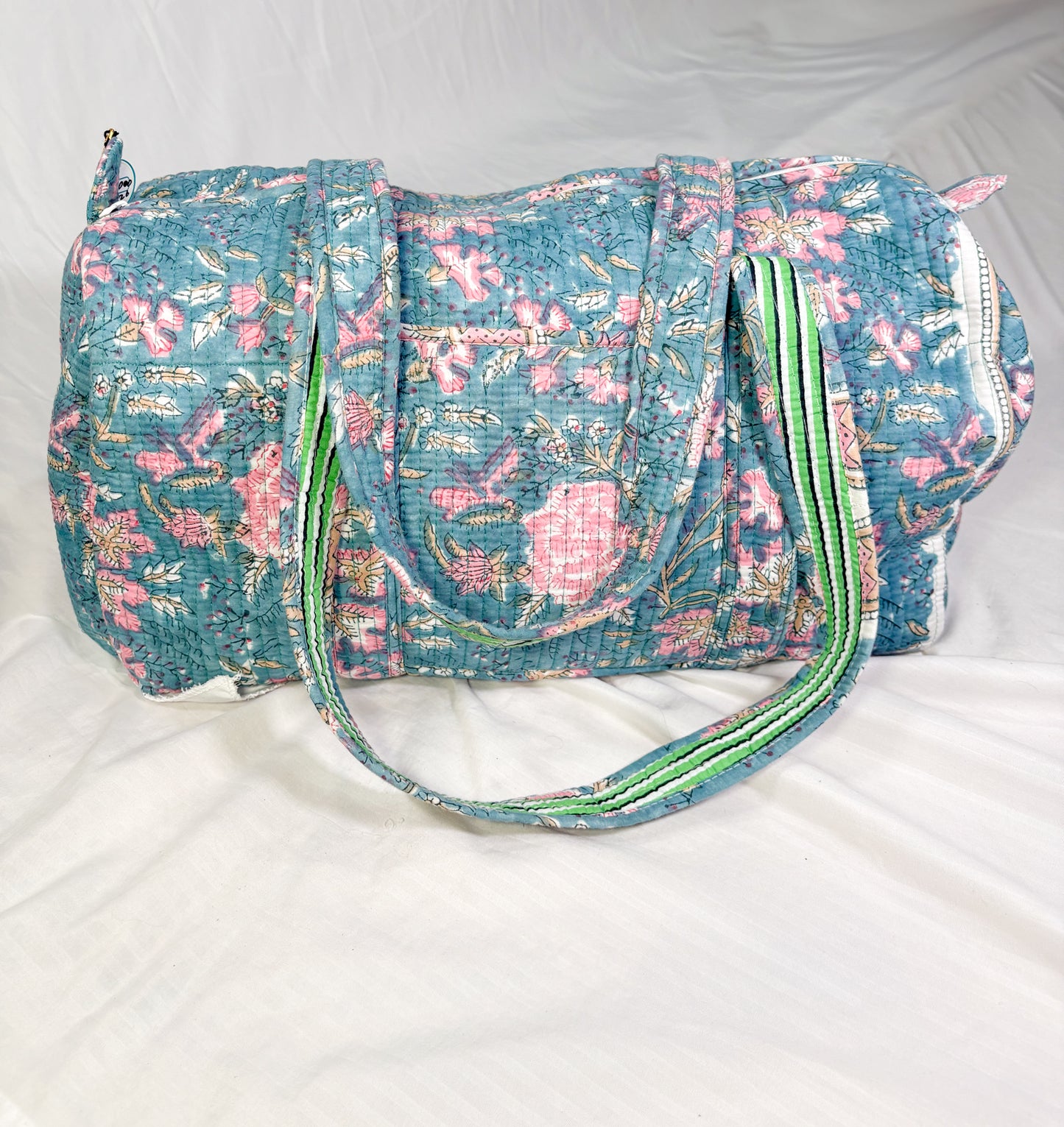 Maleta Estilo Duffel Algodón Block Printed Azul Flores