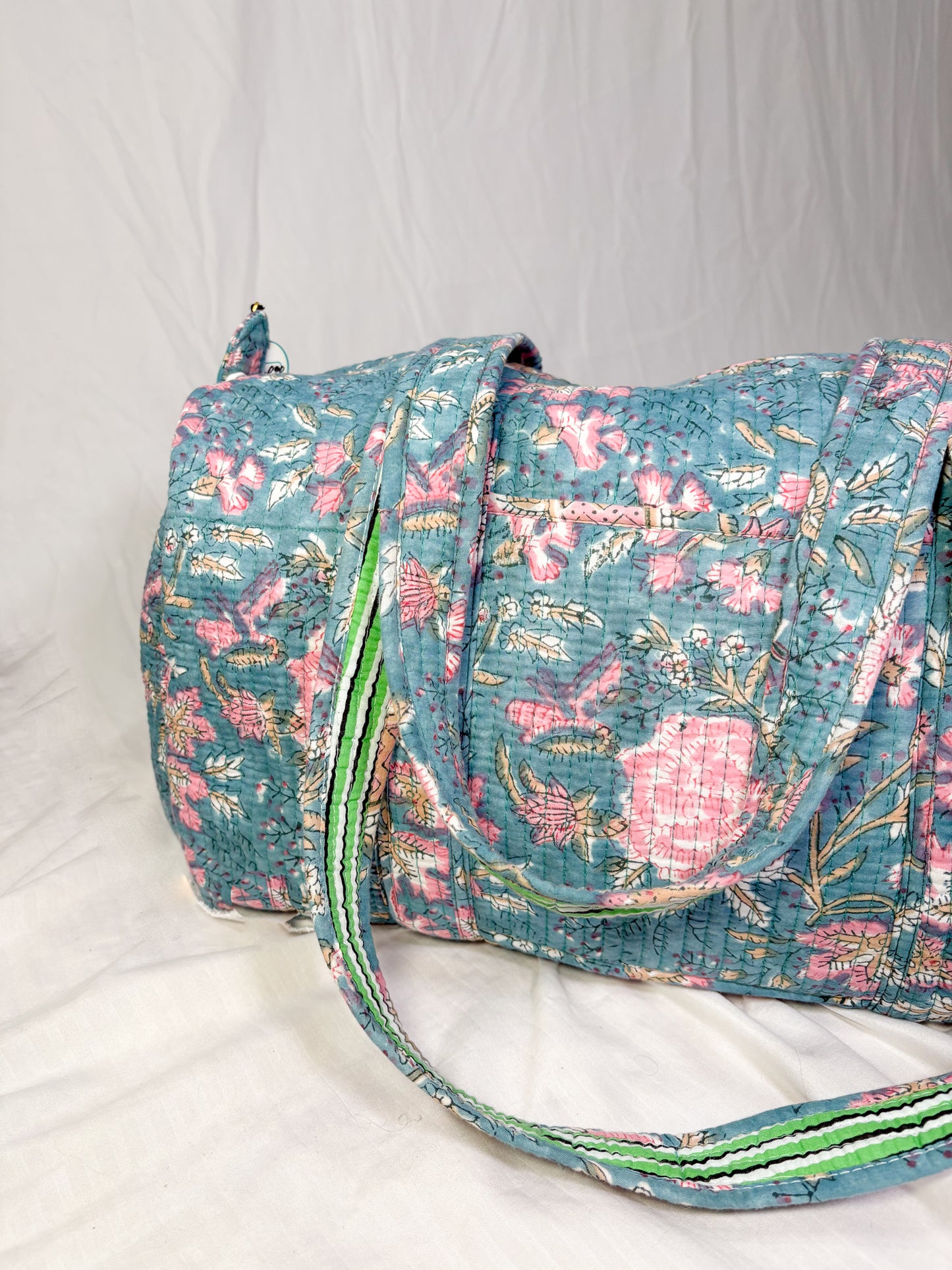 Maleta Estilo Duffel Algodón Block Printed Azul Flores