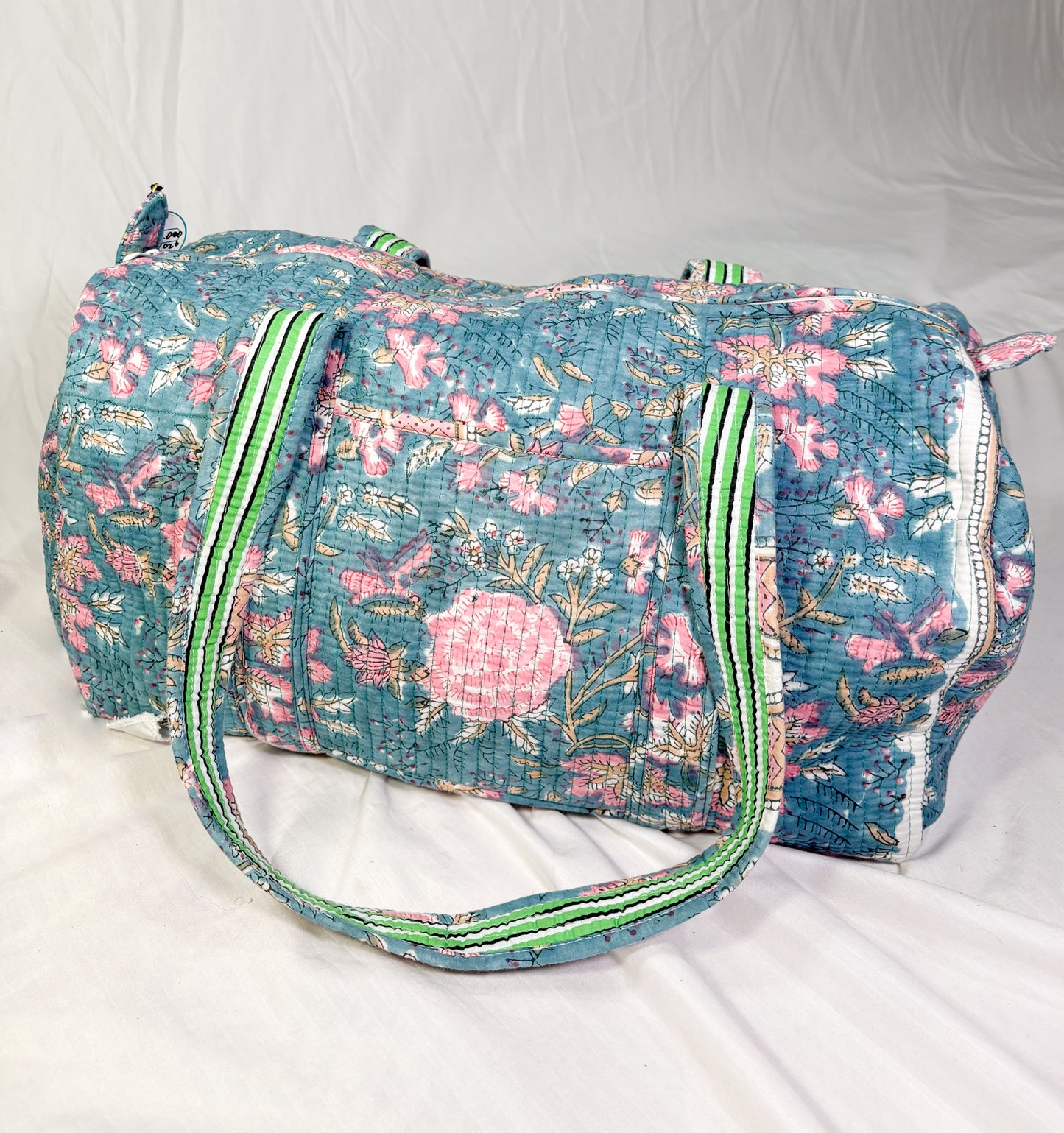 Maleta Estilo Duffel Algodón Block Printed Azul Flores