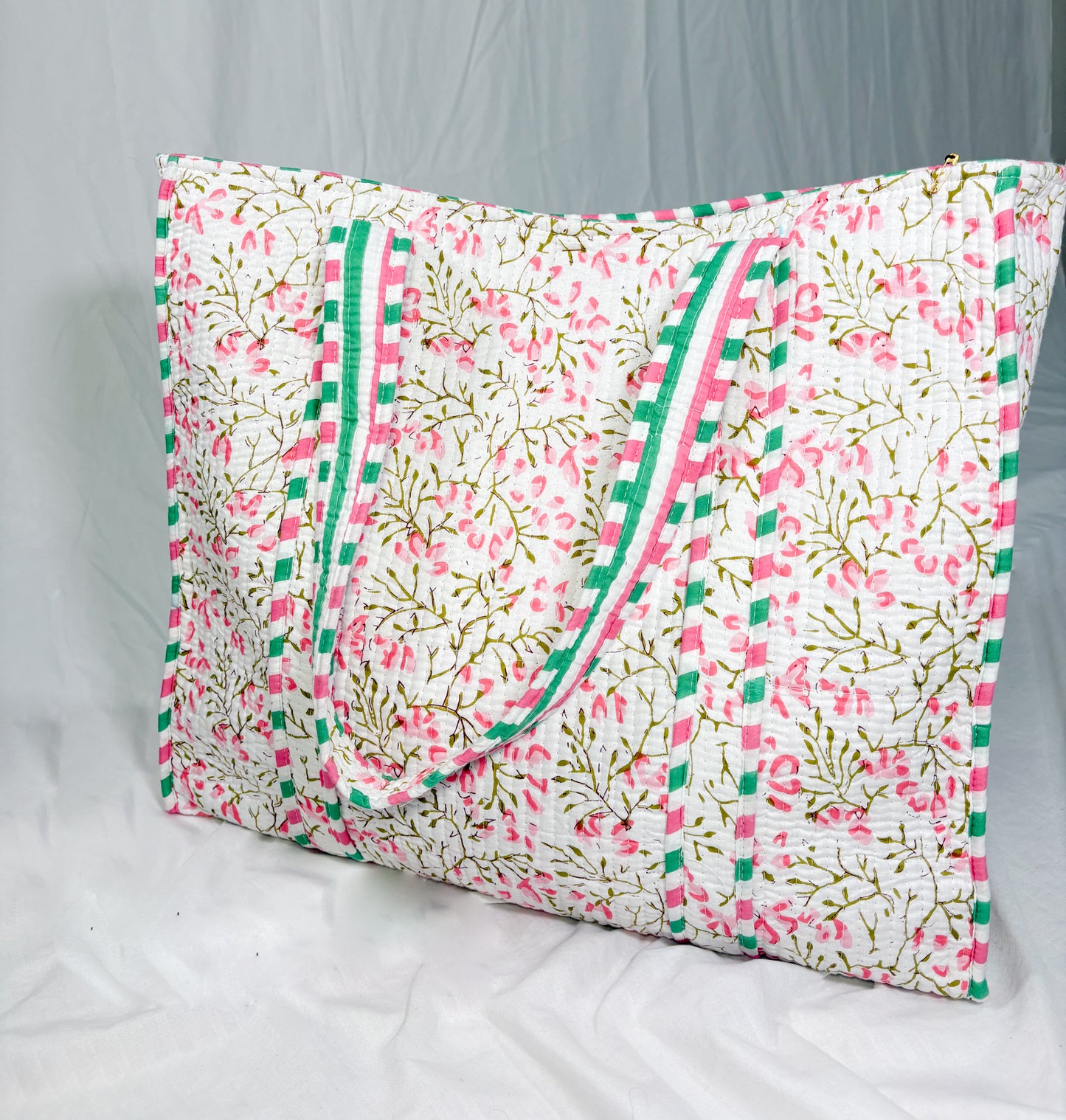 Bolso Shopper Algodón Block Printed Blanca Flores