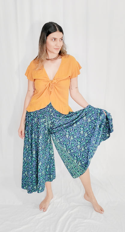 Pantalón Falda Seda Azul Rey/Verde