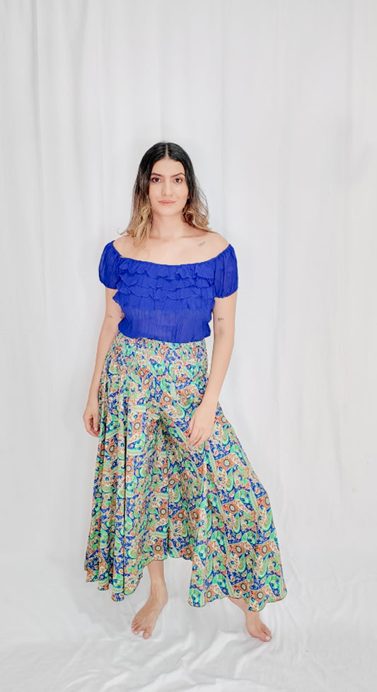 Pantalón Falda Seda Azul/Verde/Naranja
