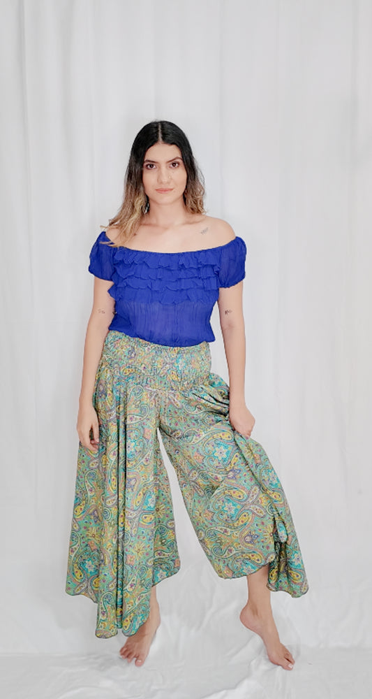 Pantalón Falda Seda Verde Pastel/Amarillo