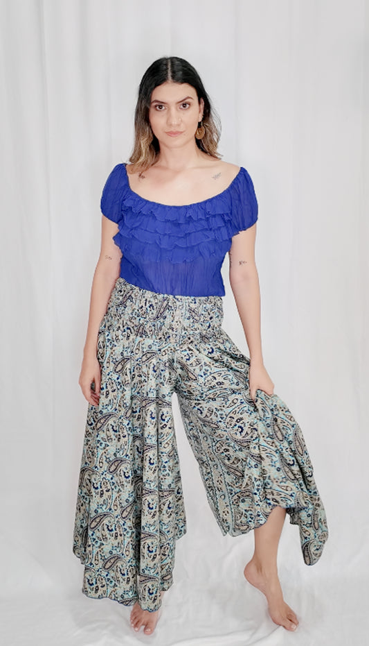 Pantalón Falda Seda Azul Aguamarina/Azul