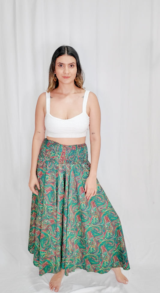 Pantalón Falda Seda Verde Turquesa/Fucsia
