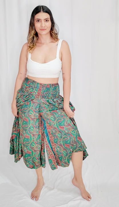 Pantalón Falda Seda Verde Turquesa/Fucsia