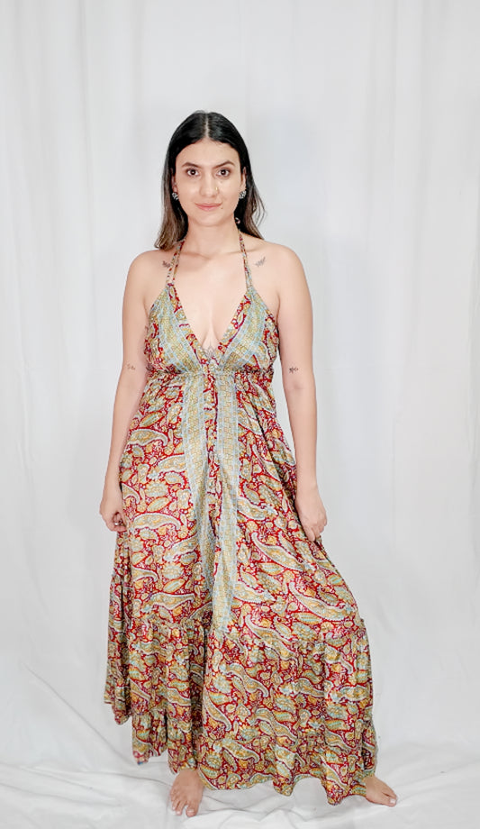 Vestido Largo Boleros Escote Profundo Vino/Gris