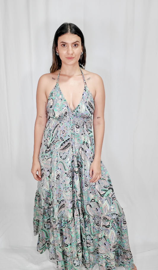 Vestido Largo Boleros Escote Profundo Azul/Verde Pastel