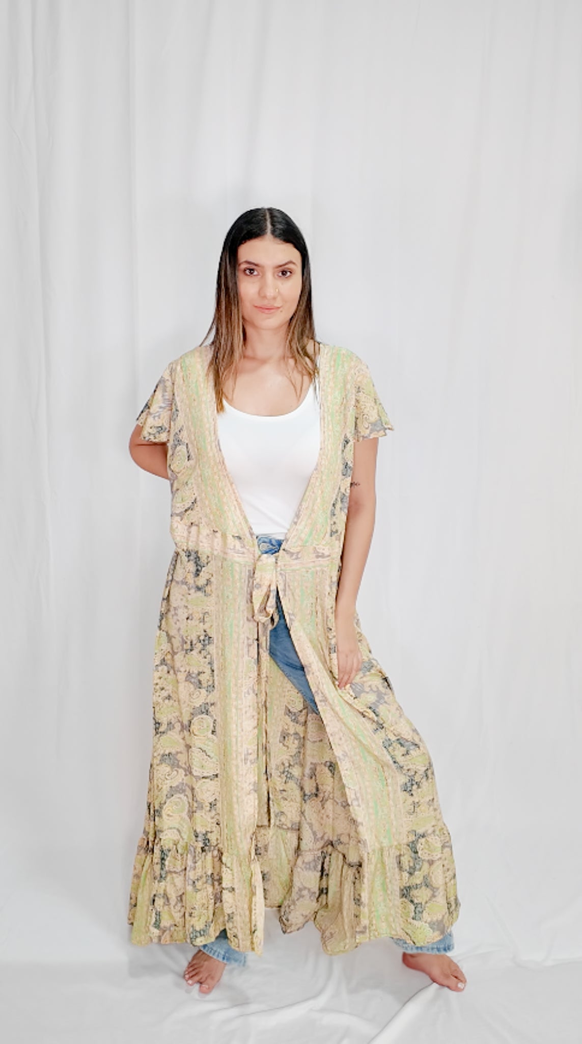 Kimono y Vestido en Seda Amarillo Claro