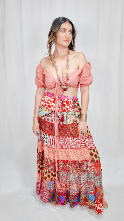 Falda Seda Retazos Tonos Rojos 10