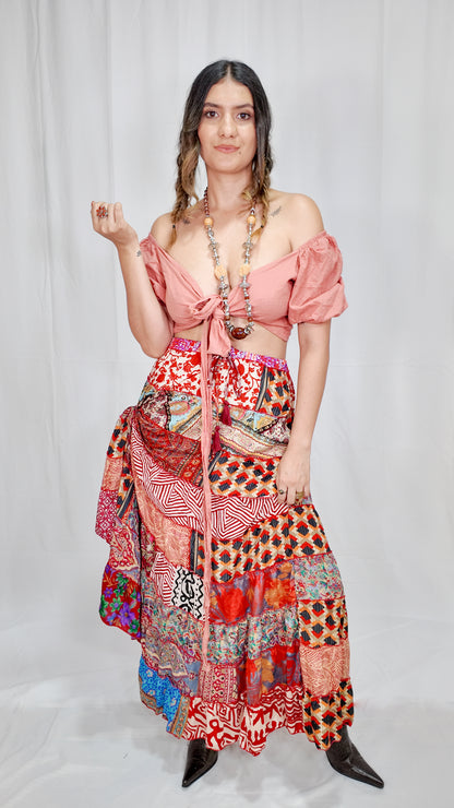 Falda Seda Retazos Tonos Rojos 10