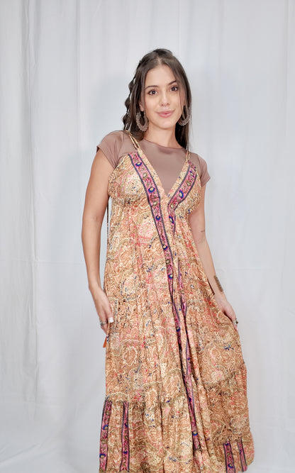Vestido Largo Boleros Escote Profundo Beige