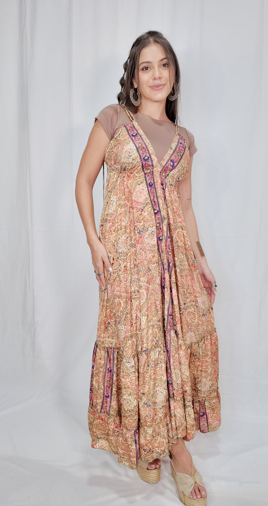 Vestido Largo Boleros Escote Profundo Beige