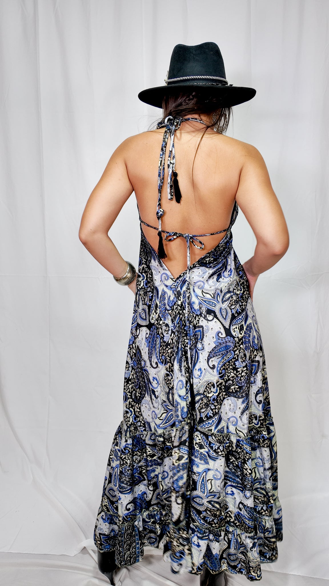 Vestido Largo Boleros Escote Profundo Negro/Azul