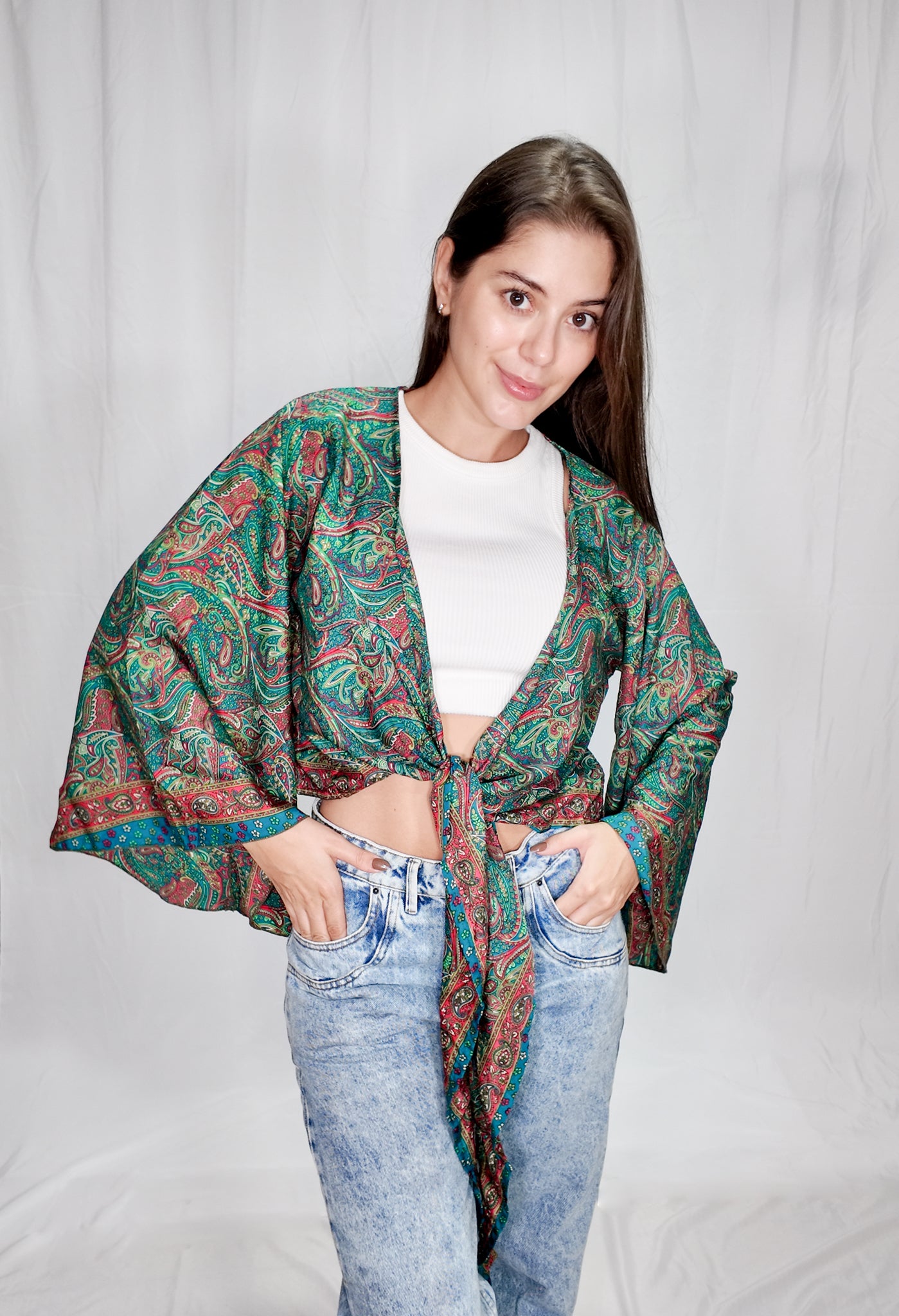Blusas en seda Wrap Top Verde Esmeralda