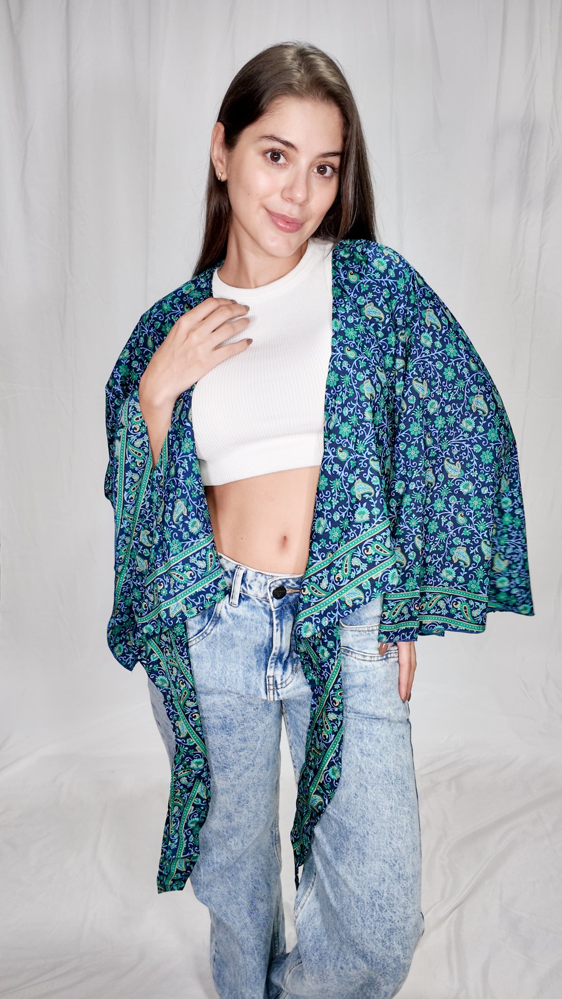 Blusas en seda Wrap Top Azul Oscuro/Verde