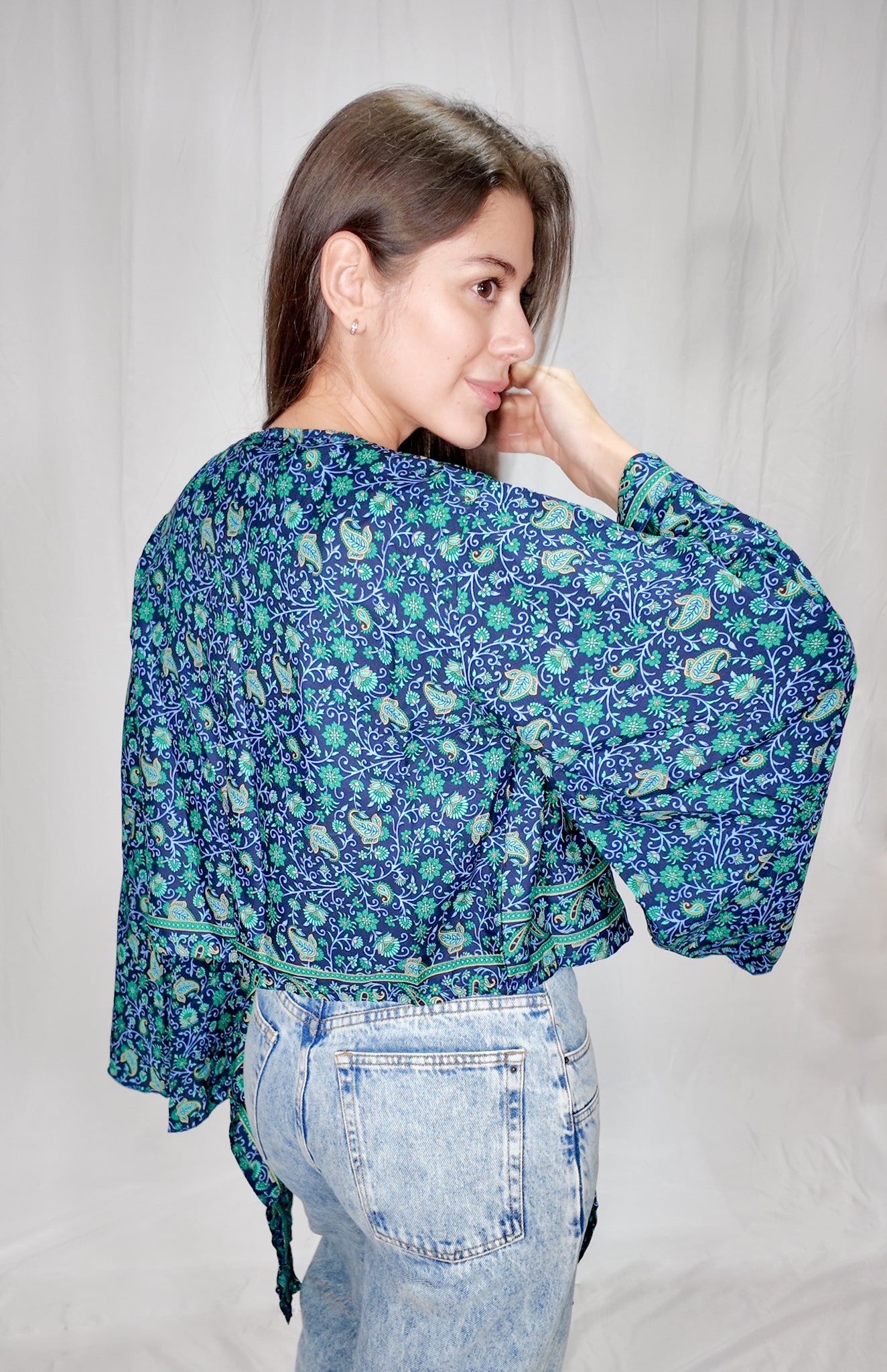 Blusas en seda Wrap Top Azul Oscuro/Verde
