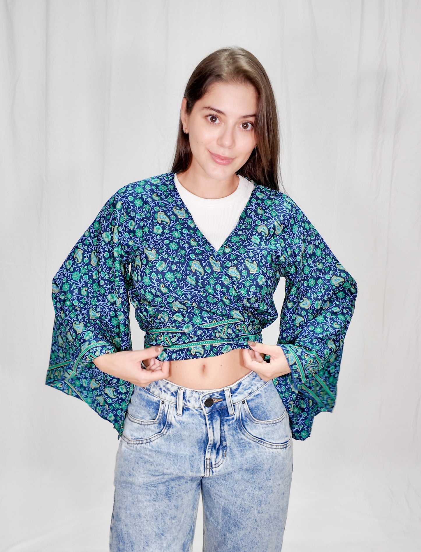 Blusas en seda Wrap Top Azul Oscuro/Verde