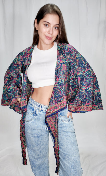 Blusas en seda Wrap Top Azul Oscuro/Fucsia