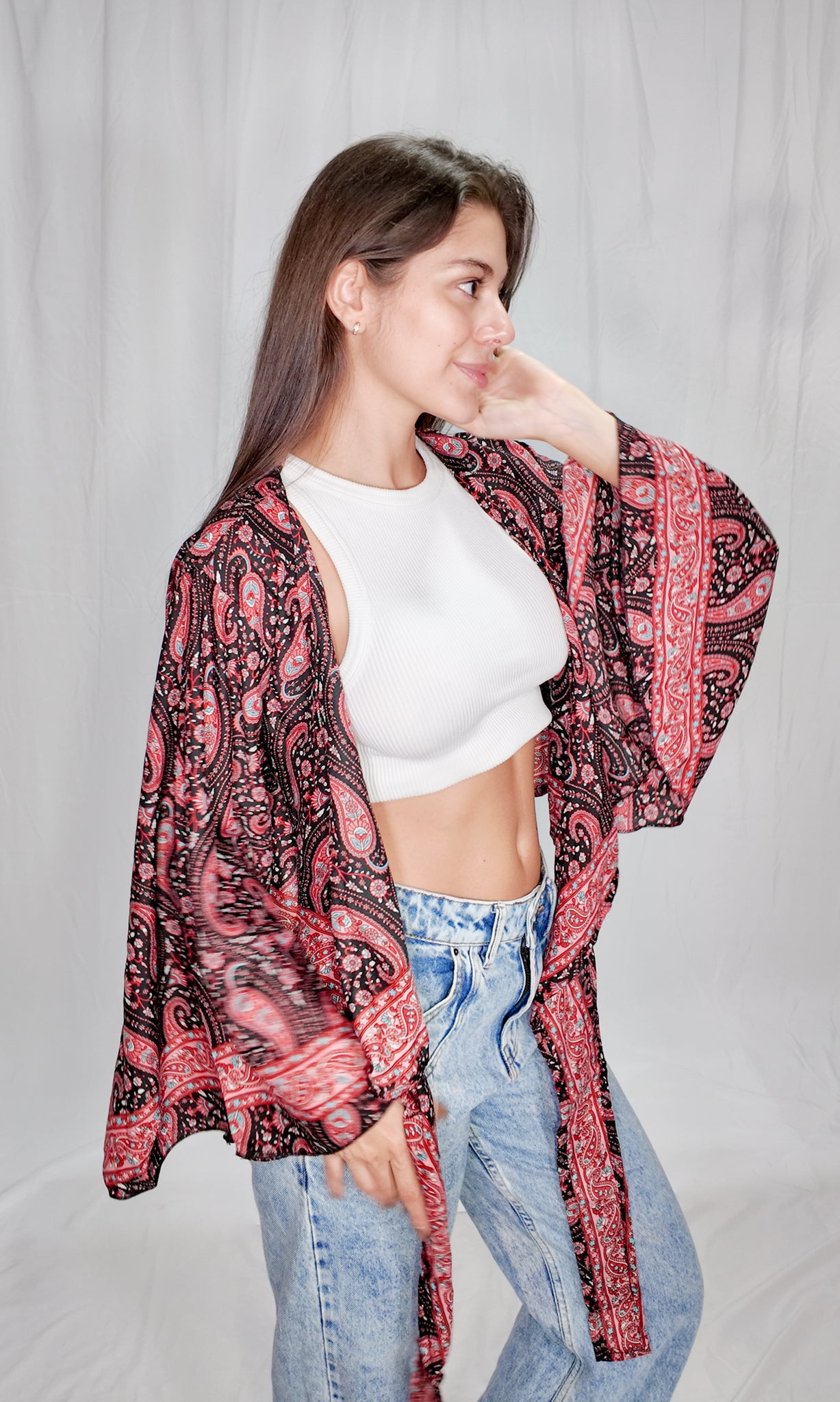 Blusas en seda Wrap Top Negro/Rojo
