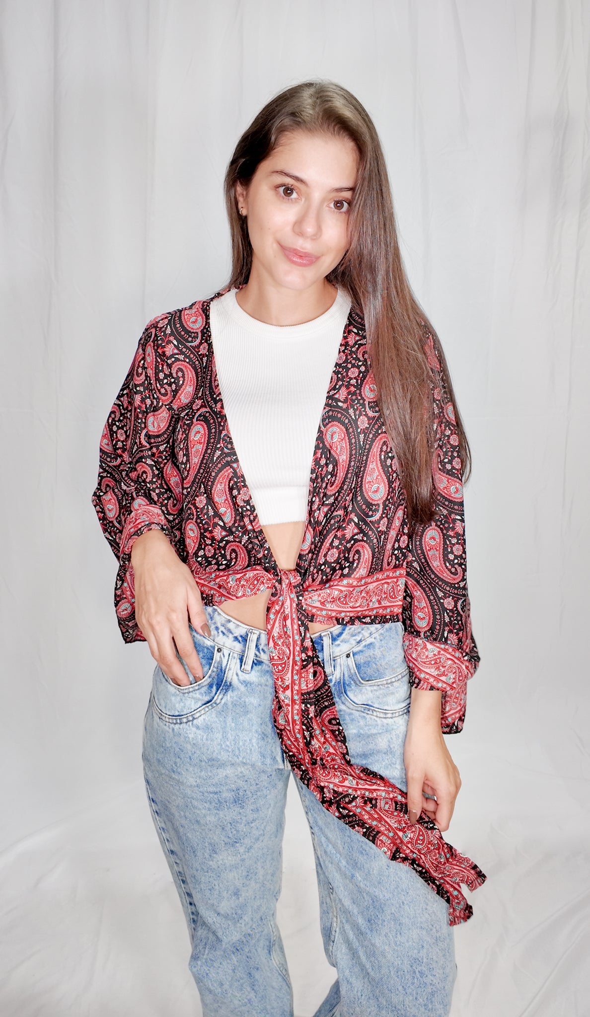 Blusas en seda Wrap Top Negro/Rojo